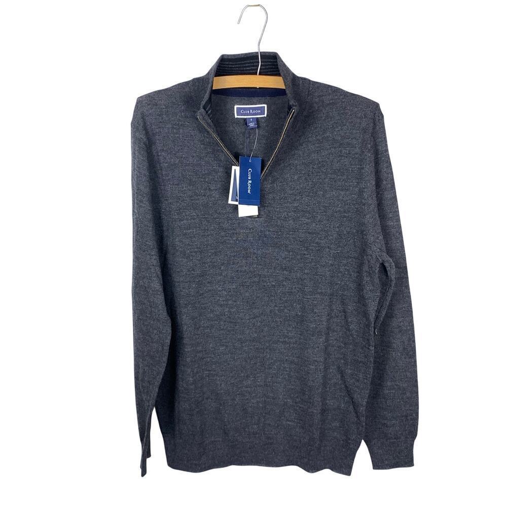 Club Room Charcoal Grey Quarter Zip Merino Wool Blend Sweater Size M NWT